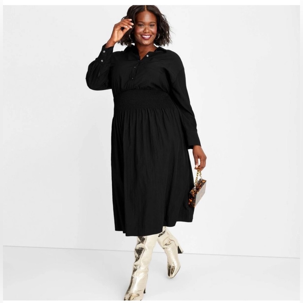Future Collective Black Collared Long Sleeve Smocked Midi Shirtdress, XXL, new